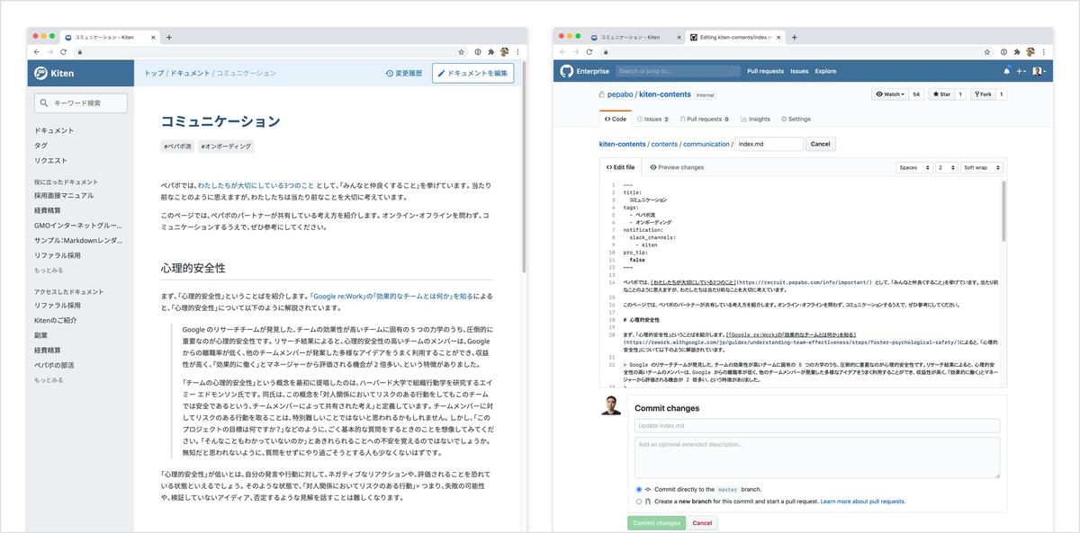 社内ドキュメントツール「Kiten」のドキュメントの内容を、GitHub Enterprise上のMarkdownファイルのエディターで編集している様子がわかるキャプチャ画像