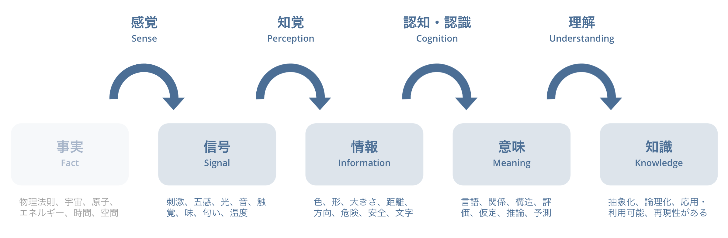 【図】情報と認知について、過程を感覚→知覚→認知・認識→理解、の4ステップに分けてプロセスとして示したもの。詳しくは後述する。